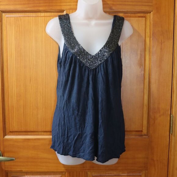 Matty M Navy Blue Sparkly Beaded Tank Top Medium Vintage Y2K Party Glam Look - Picture 6 of 14